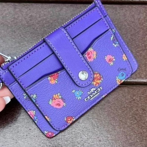 NWOT COACH NWT Purple Floral Mini Vintage Rose Print Card Holder - Picture 1 of 6